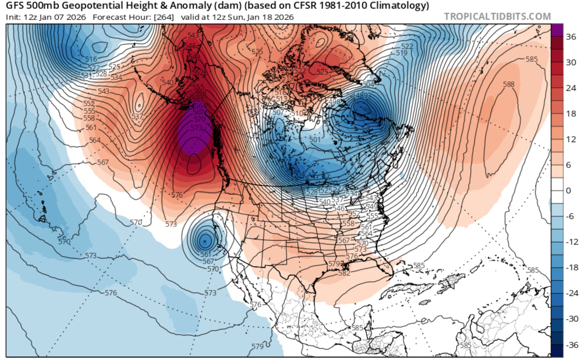 500mb Height Anomaly GFS Model Forecast