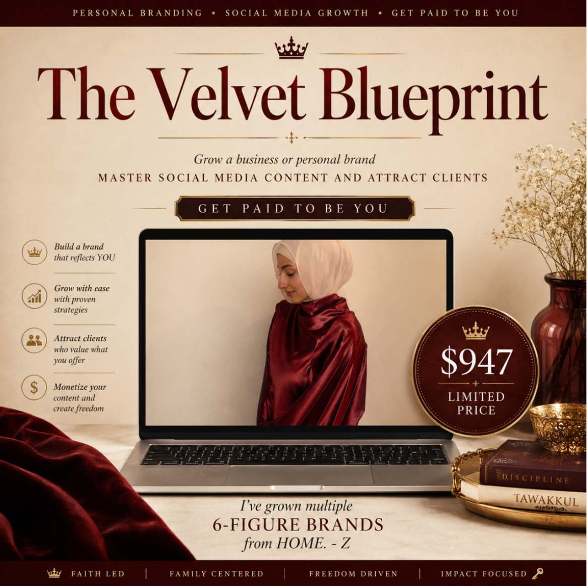 Social Media Growth + Personal Brand Masterclass  The Velvet Blueprint for building a premium brand, mastering social platforms, and turning visibility into income.  This is the exact strategy that earned me a $2,000,000 acquisition offer for my first startup. It transformed my audience from 10k unengaged followers to over 100k in under a year. No gatekeeping, no fluff. Just the systems, frameworks, and psychology-backed tactics I’ve used to grow brands, close deals, and help clients monetize their influence.  If you’ve ever wondered how creators and entrepreneurs rise quickly while staying authentic, this masterclass shows you every step.  Who is this for? Women who are ready to elevate their digital presence. Coaches, content creators, aspiring public speakers, entrepreneurs, and anyone ready to turn their story into leverage.   What You Get Inside the Velvet Blueprint Masterclass ✨ Build a Premium Personal Brand Craft a brand that positions you as the expert, elevates your pricing, and attracts opportunities instead of chasing them.  ✨ Grow from 100 to 100K Followers A proven roadmap for rapid, organic growth using content psychology, platform algorithms, and audience trust-building.  ✨ Go Viral and Monetize Learn how to create high-converting viral content, turn views into income, and build systems that generate revenue long after the post goes live.  ✨ Strategies That Have Helped Hundreds Win These methods have guided clients through brand transformations, niche positioning, monetization, and explosive platform growth.  ✨ Personal Brand Questionnaire A guided framework to clarify your identity, messaging, voice, and content pillars. The foundation of your digital empire.  ✨ Storytelling Guide + Template Craft an unforgettable signature story that makes people follow you, remember you, and buy from you.  ✨ Bonus: The Velvet Negotiator Masterclass Refine your presence, communicate with confidence, and negotiate with feminine authority. ($179 value — included for free)