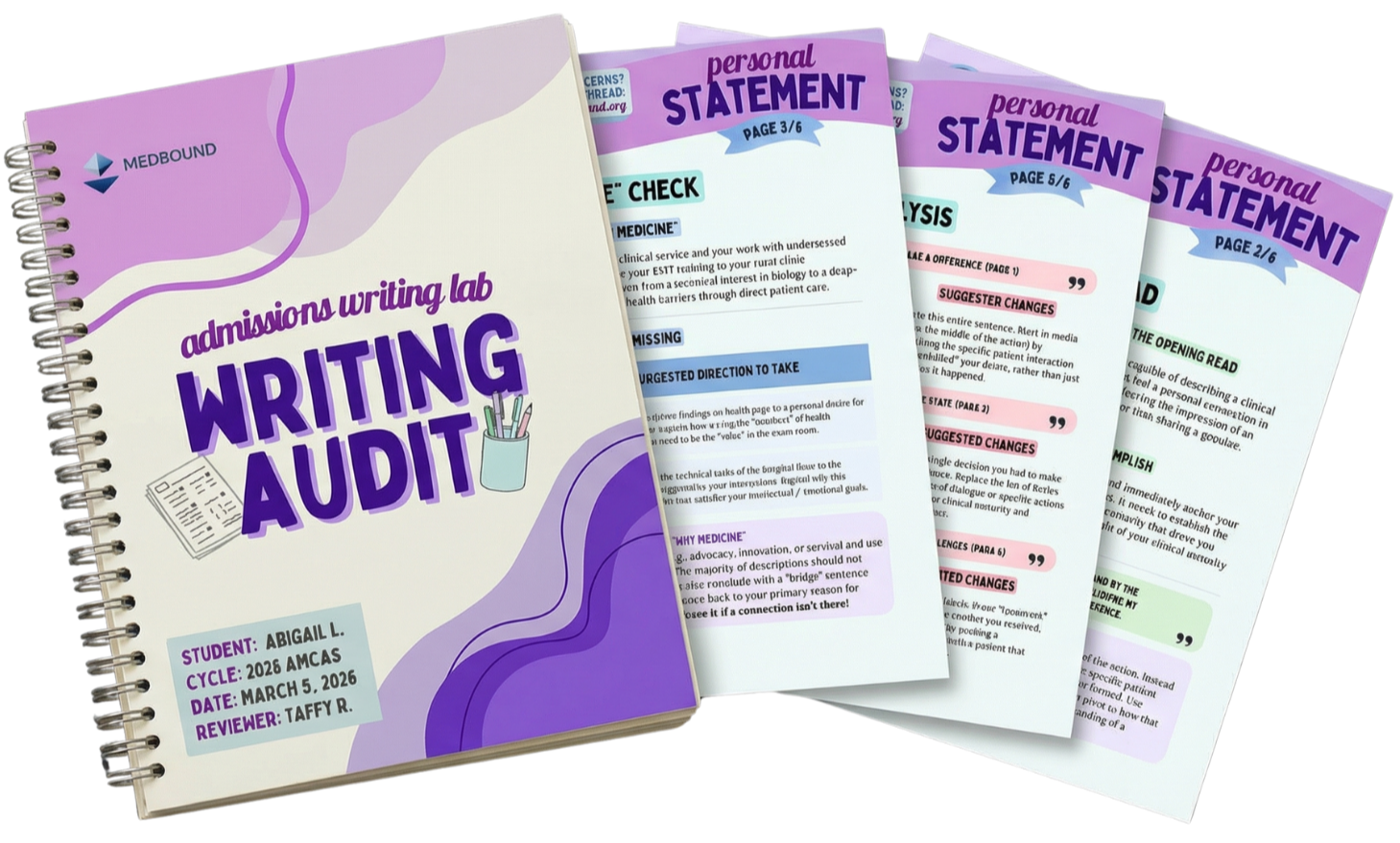 Splayed product photo of the writing audit and some of the interior pages received from the Admissions Writing Lab.