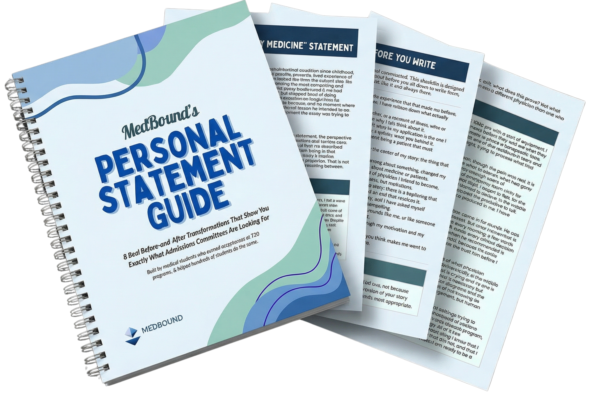 Splayed product photo of the personal statement guide and a few of the interior pages.