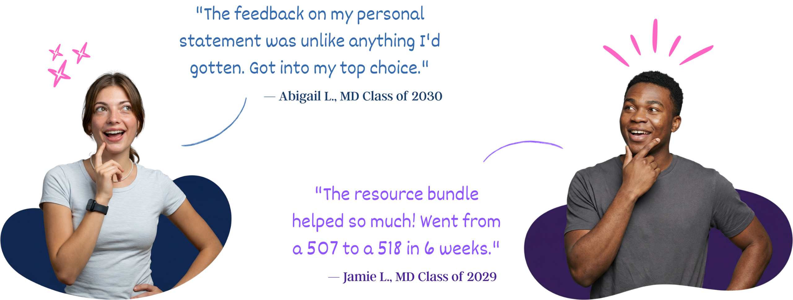 Two students (Abigail & Jamie) giving testimonials on the writing audit and resource bundle.