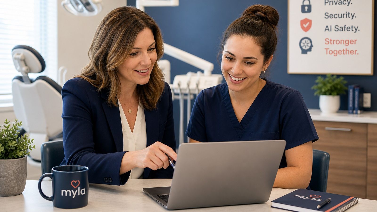 Dental practice manager reviewing cybersecurity and privacy training with a dental team member.