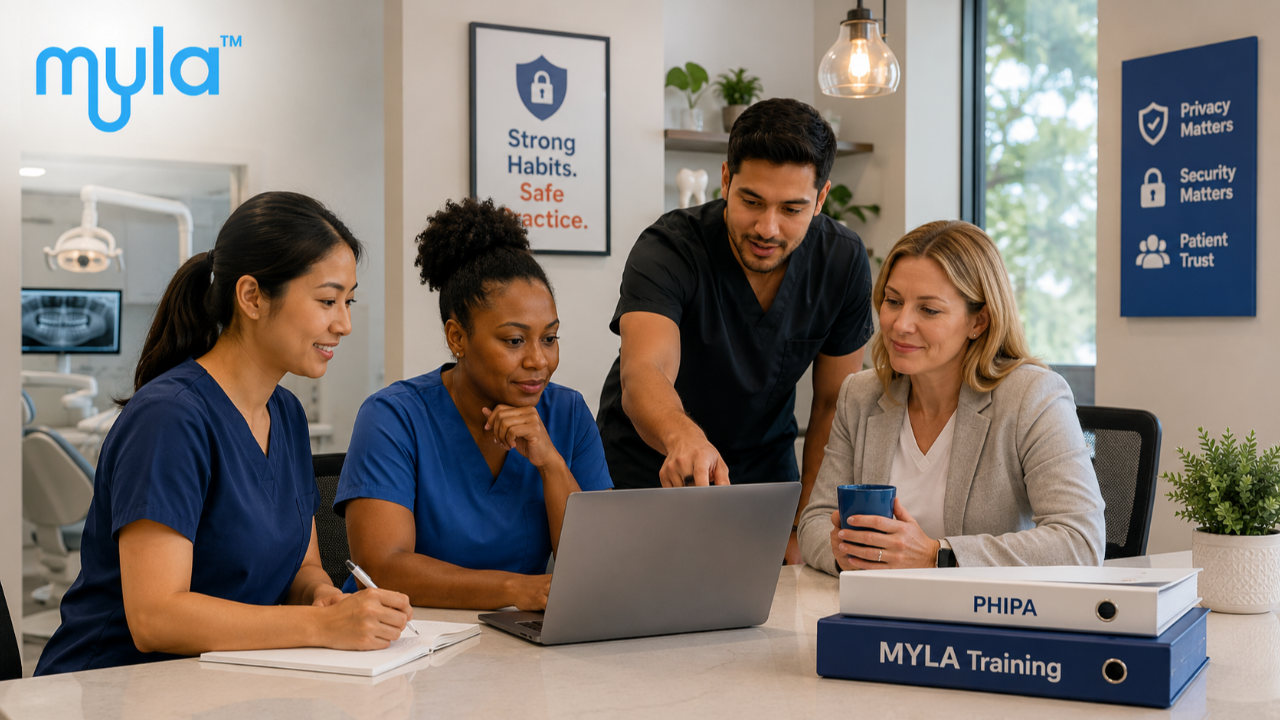 Dental practice manager, dentist, and staff,  reviewing cybersecurity training in a modern Canadian dental office.