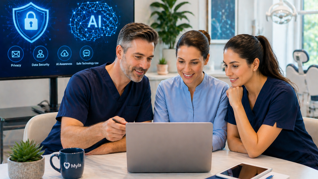 Dental team reviewing cybersecurity and AI training together in a modern practice office.