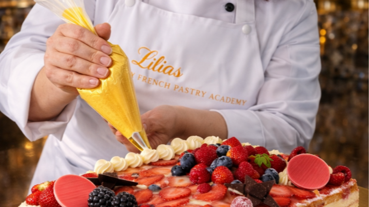 Chef Lilia decorating a French fruit tart during an online pastry class