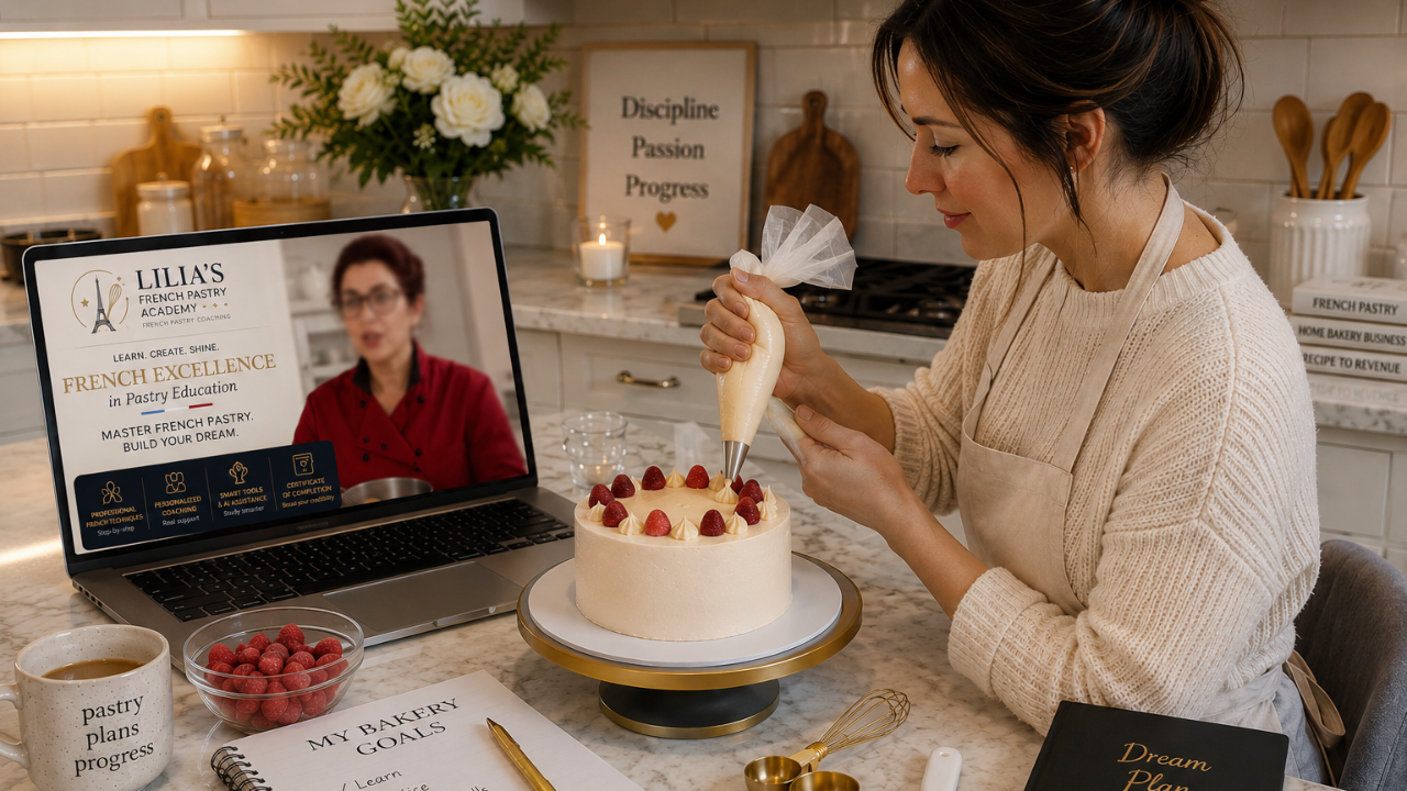 Woman learning French pastry online from Chef Lilia at home .