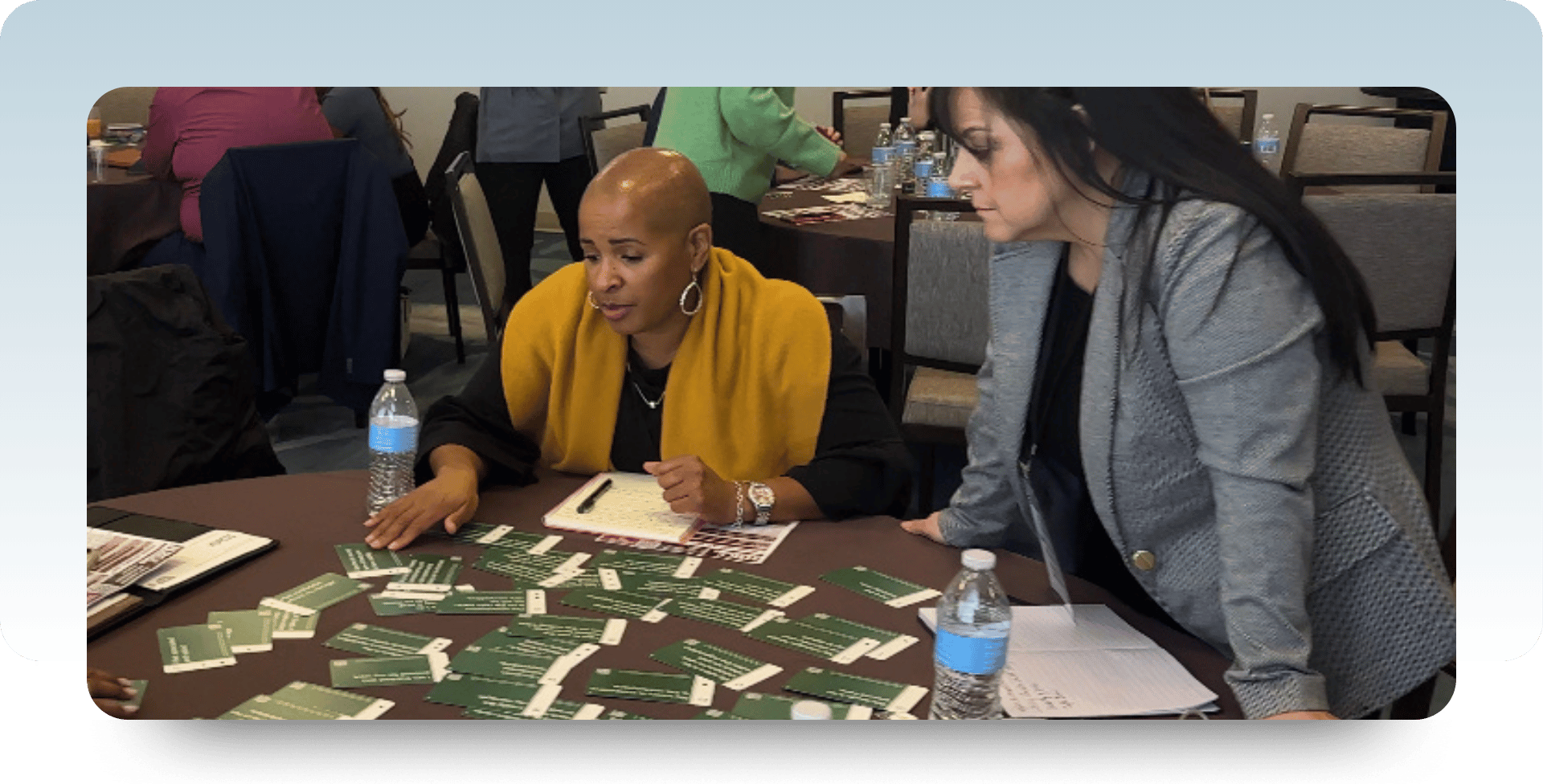Two photos from Center for Talent Solutions workshops: one of a group of women reviewing TALENT Drivers cards at a conference table, and one of two women sorting LIFEDrivers cards at a round table, reflecting the shift from TALENT Drivers to LIFEDrivers