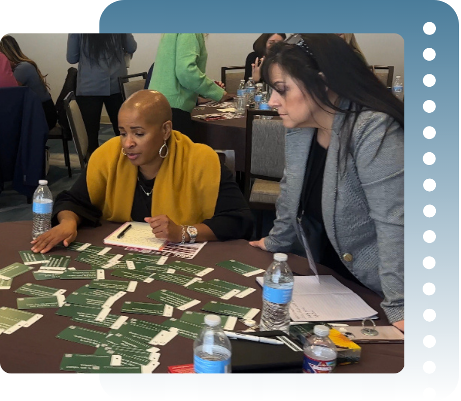 Two photos from Center for Talent Solutions workshops: one of two women reviewing TALENT Drivers cards spread across a conference table, and one of a group sorting TALENT Drivers cards around a round table