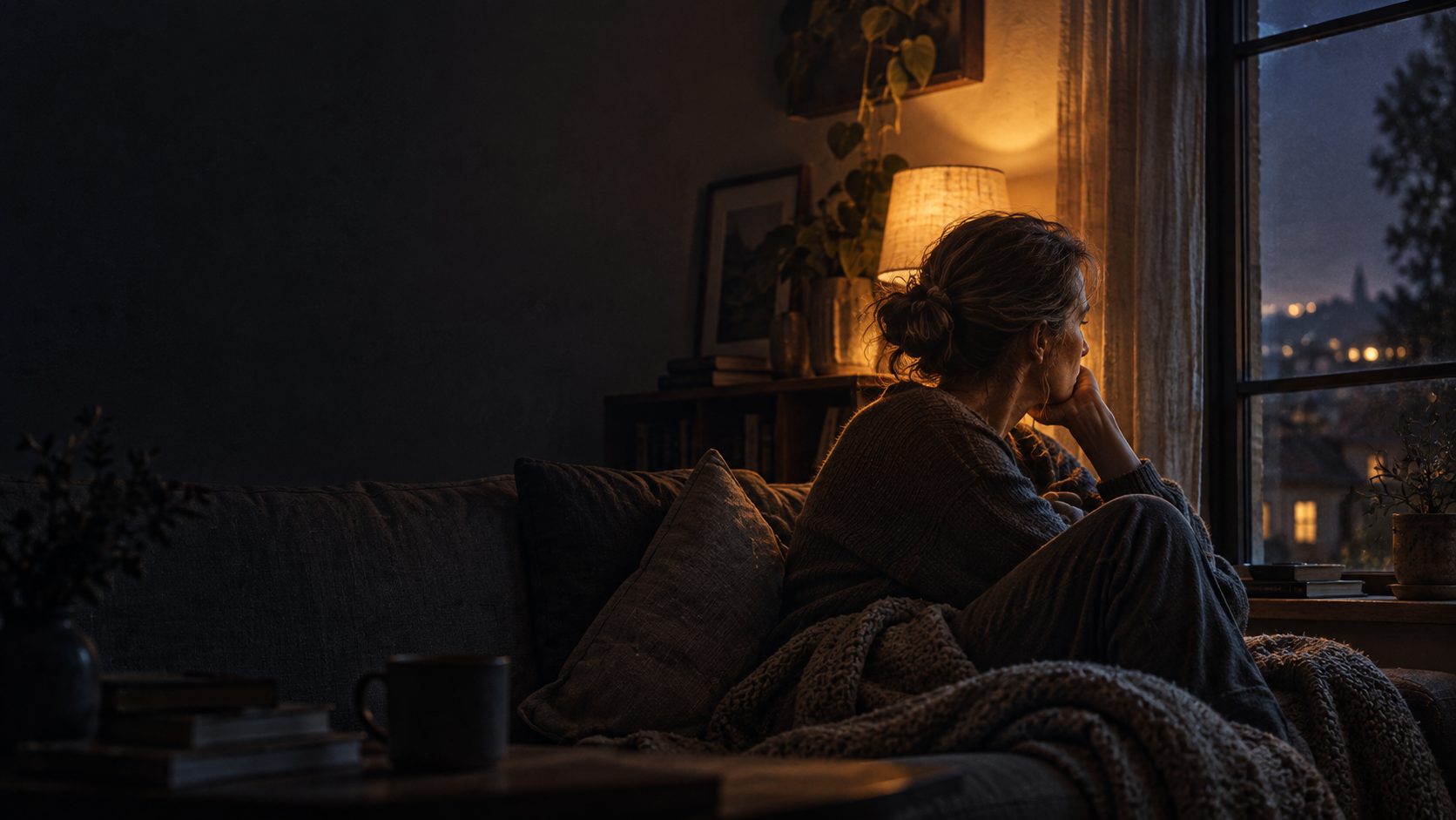 A woman wrapped in a blanket sits by a lamp-lit window at night, looking out.
