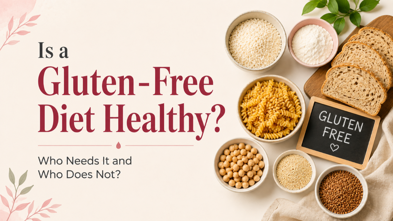 Gluten-free diet guide featuring naturally gluten-free foods such as rice, quinoa, fruit and vegetables, with wheat-based foods shown separately to explain who may need to avoid gluten.