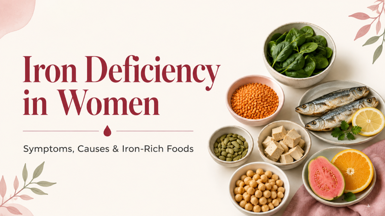 Iron deficiency in women guide featuring iron-rich foods, a blood test tube, red blood cells and nutrition strategies to support healthy iron levels.