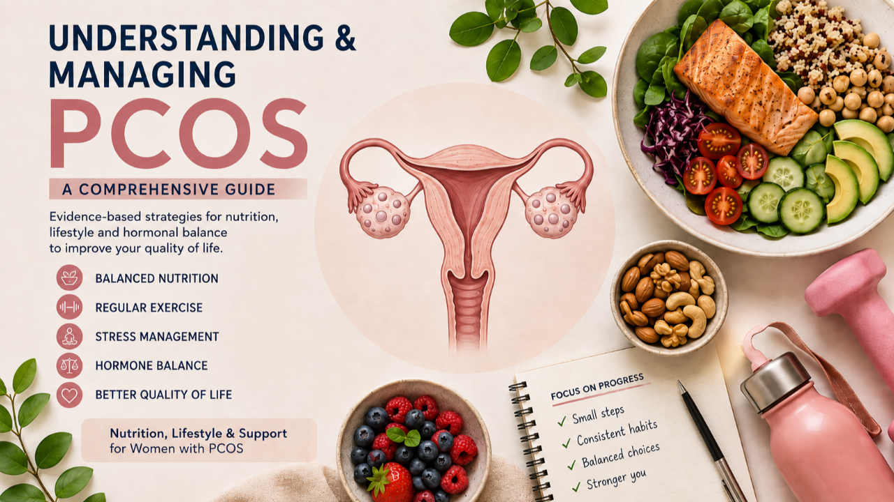 PCOS management guide featuring a uterus illustration, balanced foods, exercise equipment and lifestyle strategies for nutrition, stress management, hormone health and improved quality of life.