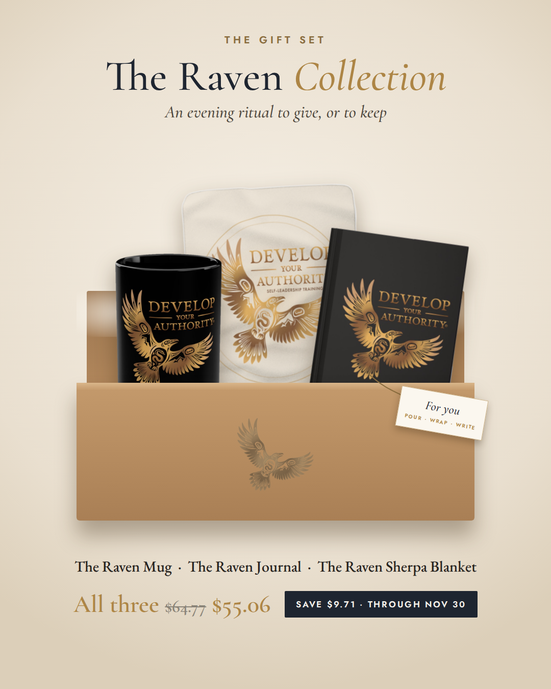 The Raven Collection gift set: the Raven Mug, Raven Sherpa Blanket and Raven Journal in a kraft gift box