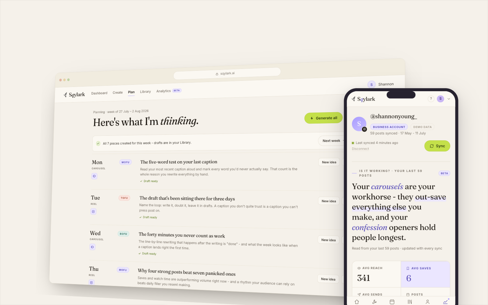Sqylark - your week written and designed, with analytics on mobile