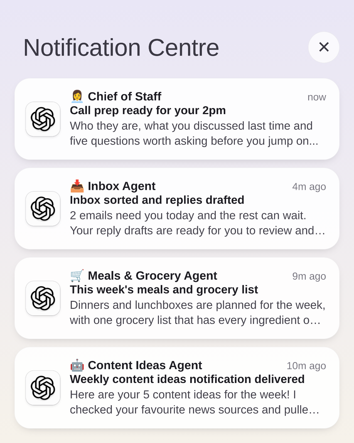 Phone notifications from the Chief of Staff, Inbox Agent, Meals and Grocery Agent and Content Ideas Agent, each saying their work is ready to review
