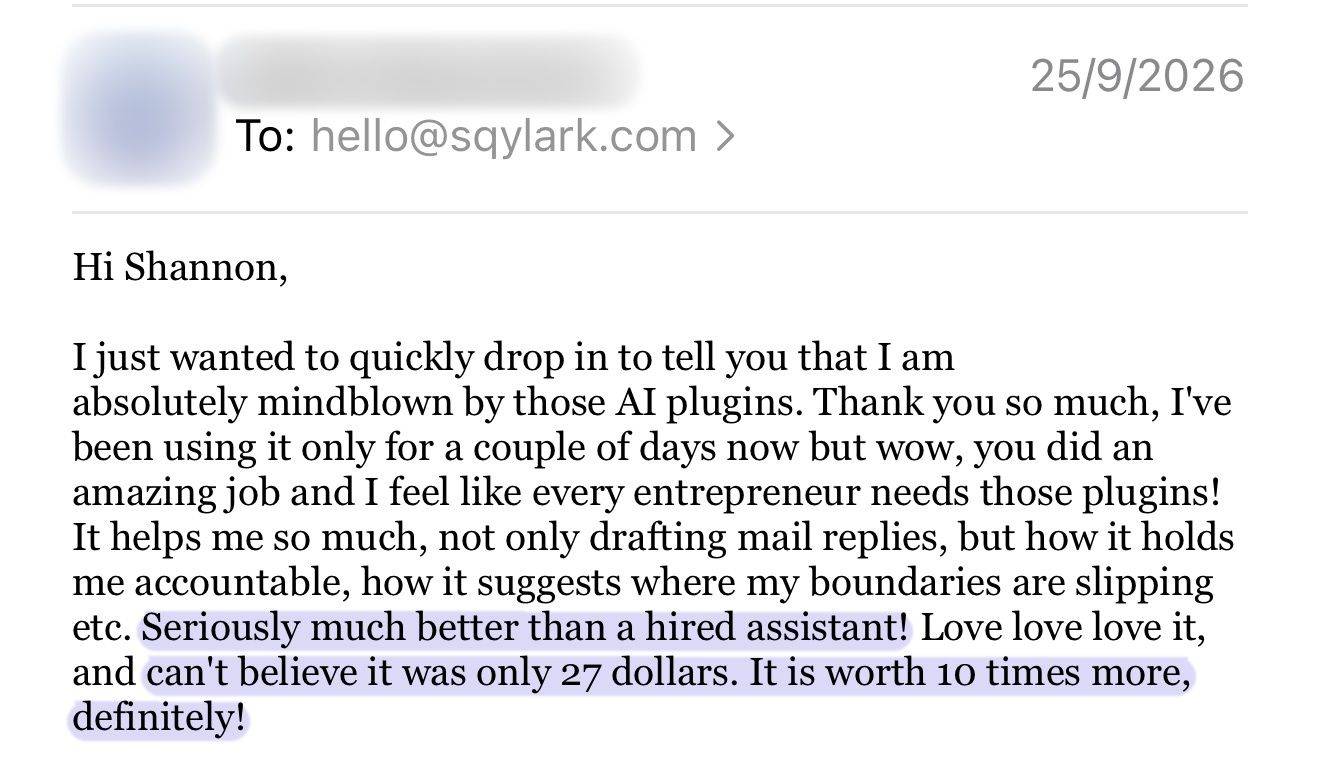 Email from a Back Office customer: much better than a hired assistant, and worth 10 times more than $27