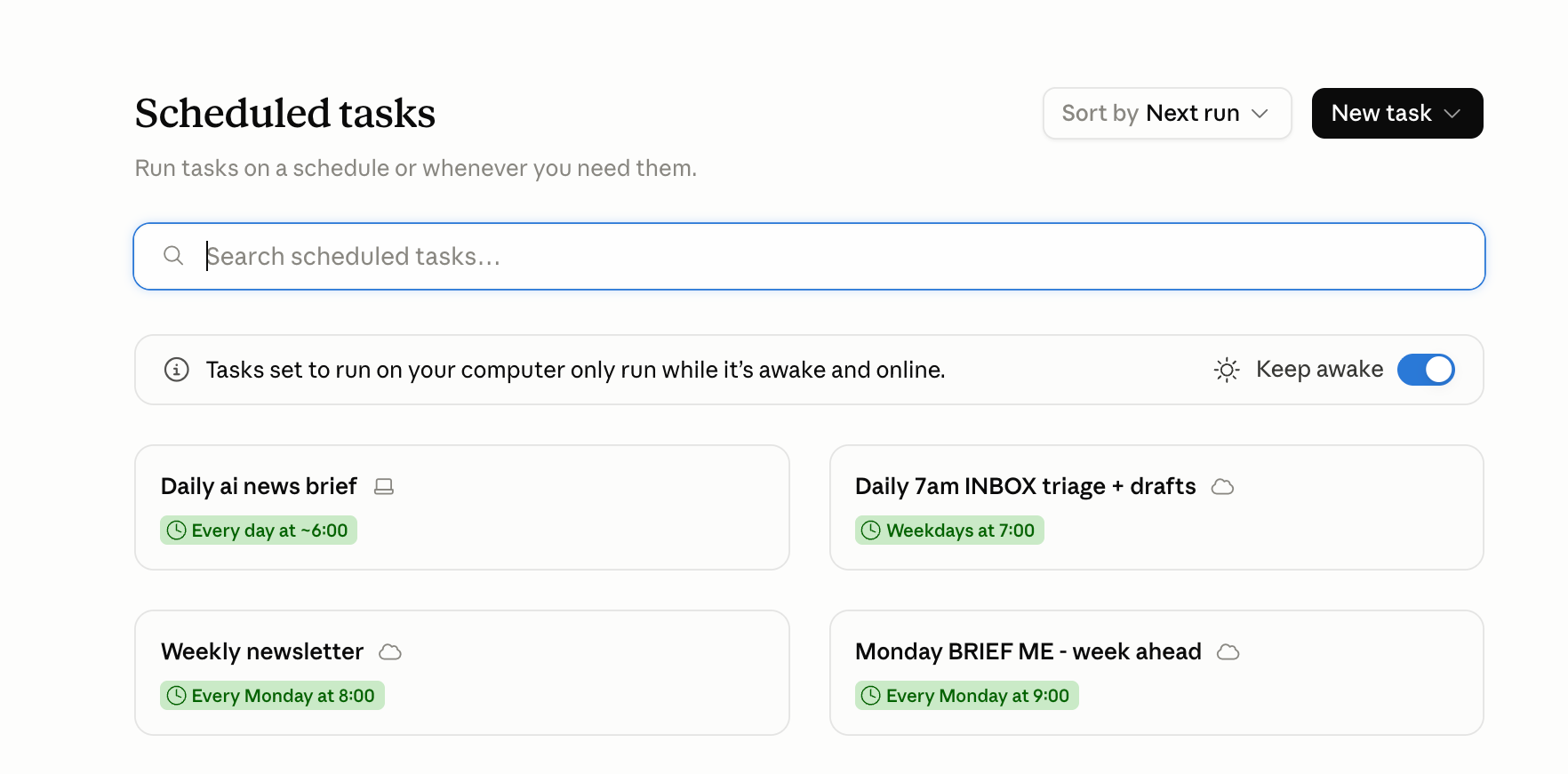 Screenshot: inbox triaged with drafts waiting for a yes