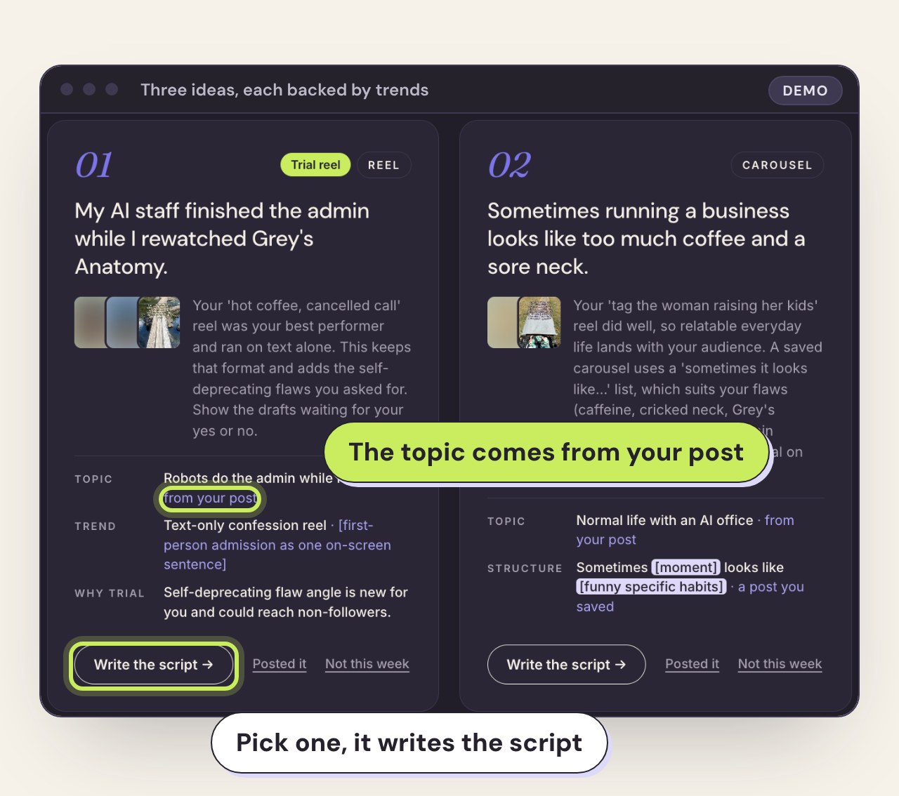 Content ideas waiting in Trend Lab, each built from your own post and a trend