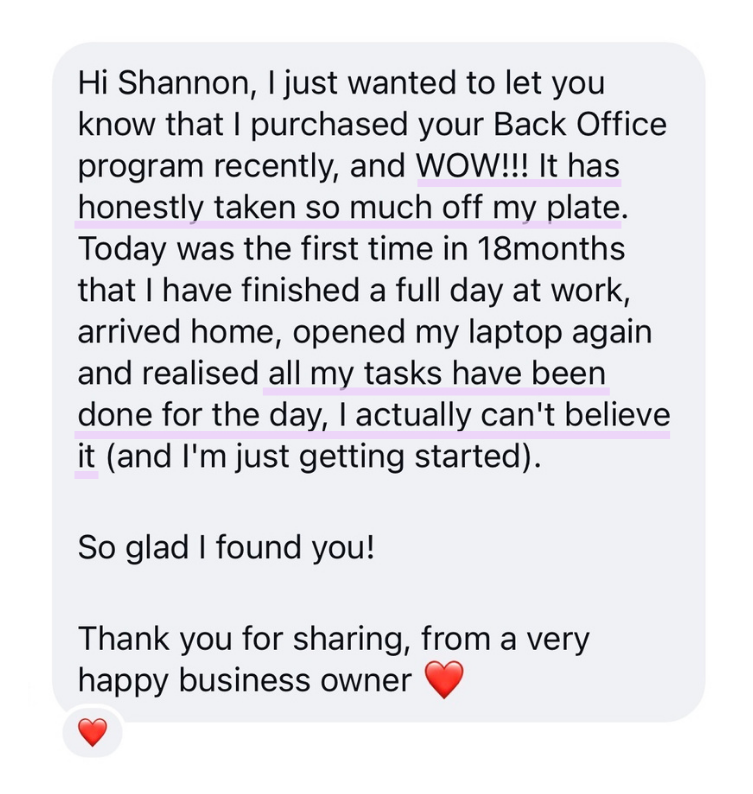 Message from a Back Office customer calling it the best digital product she has ever bought