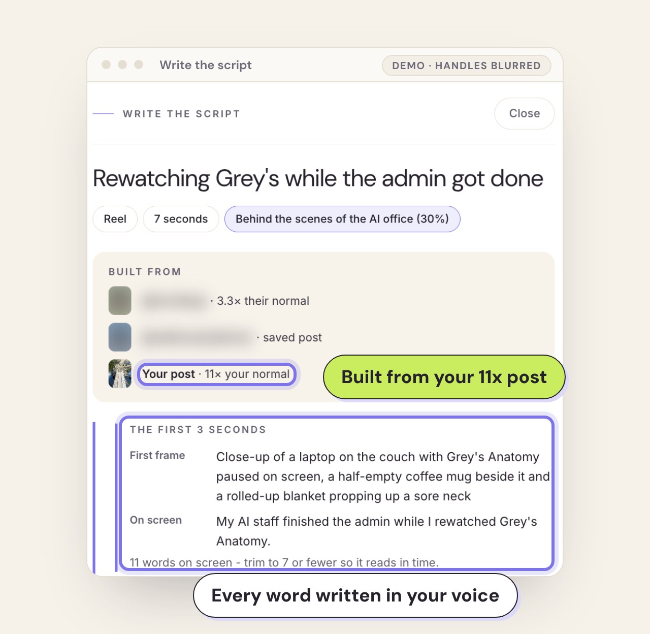 A Trend Lab script written in my voice, built from my own 11x post