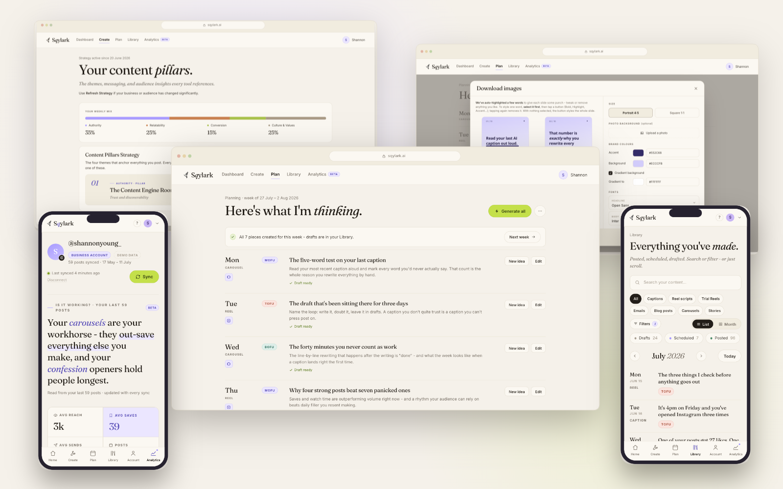 The Sqylark system - pillars, weekly plan, designer and library across desktop and mobile