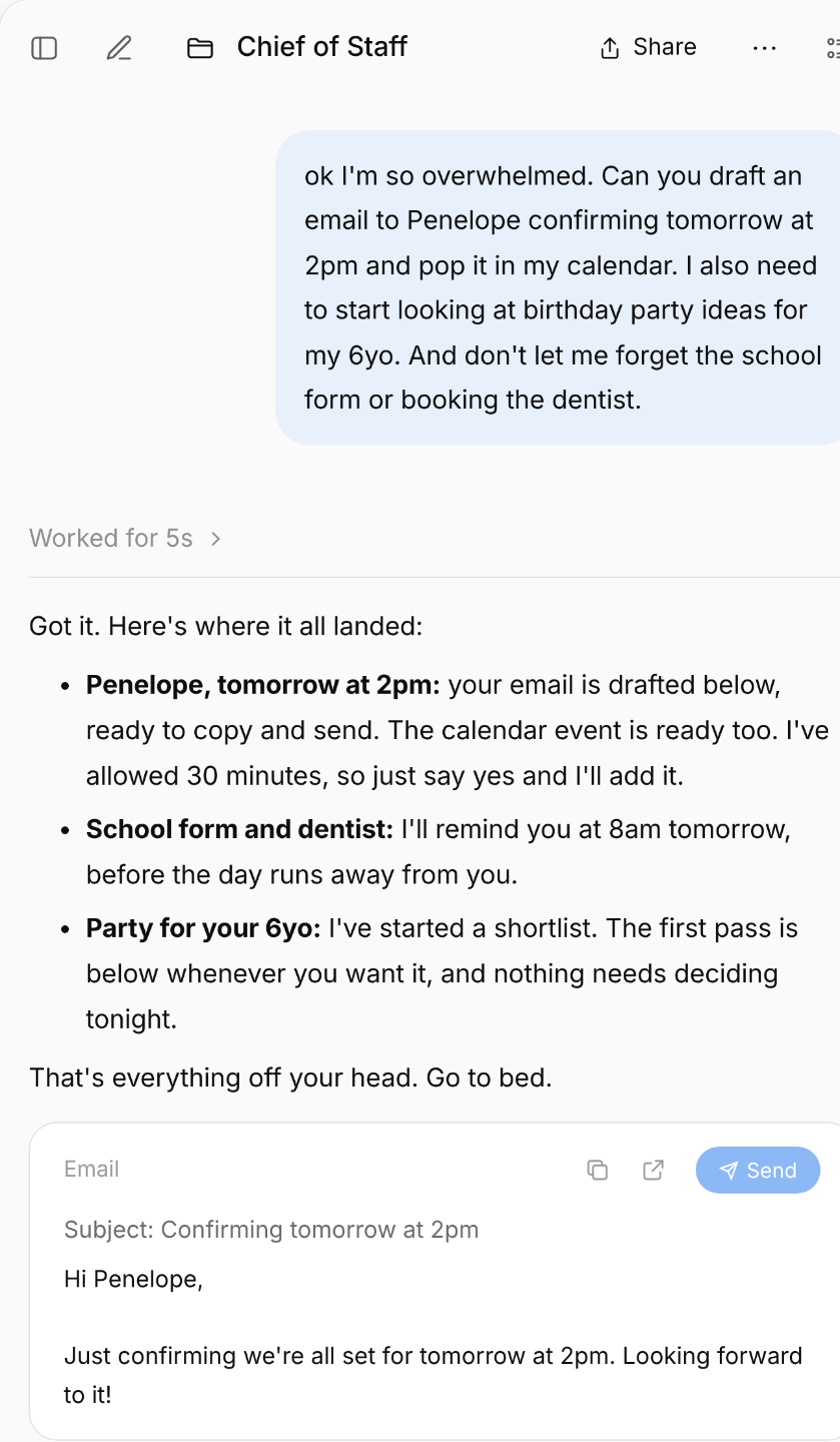 My Chief of Staff chat, turning a voice-note brain dump into a sorted plan
