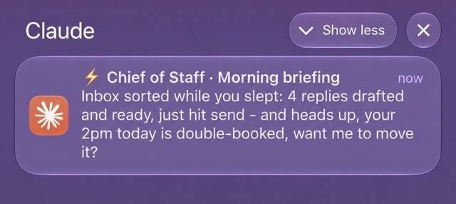 Morning notification from the Chief of Staff: inbox sorted overnight, replies drafted and a 2pm double-booking flagged