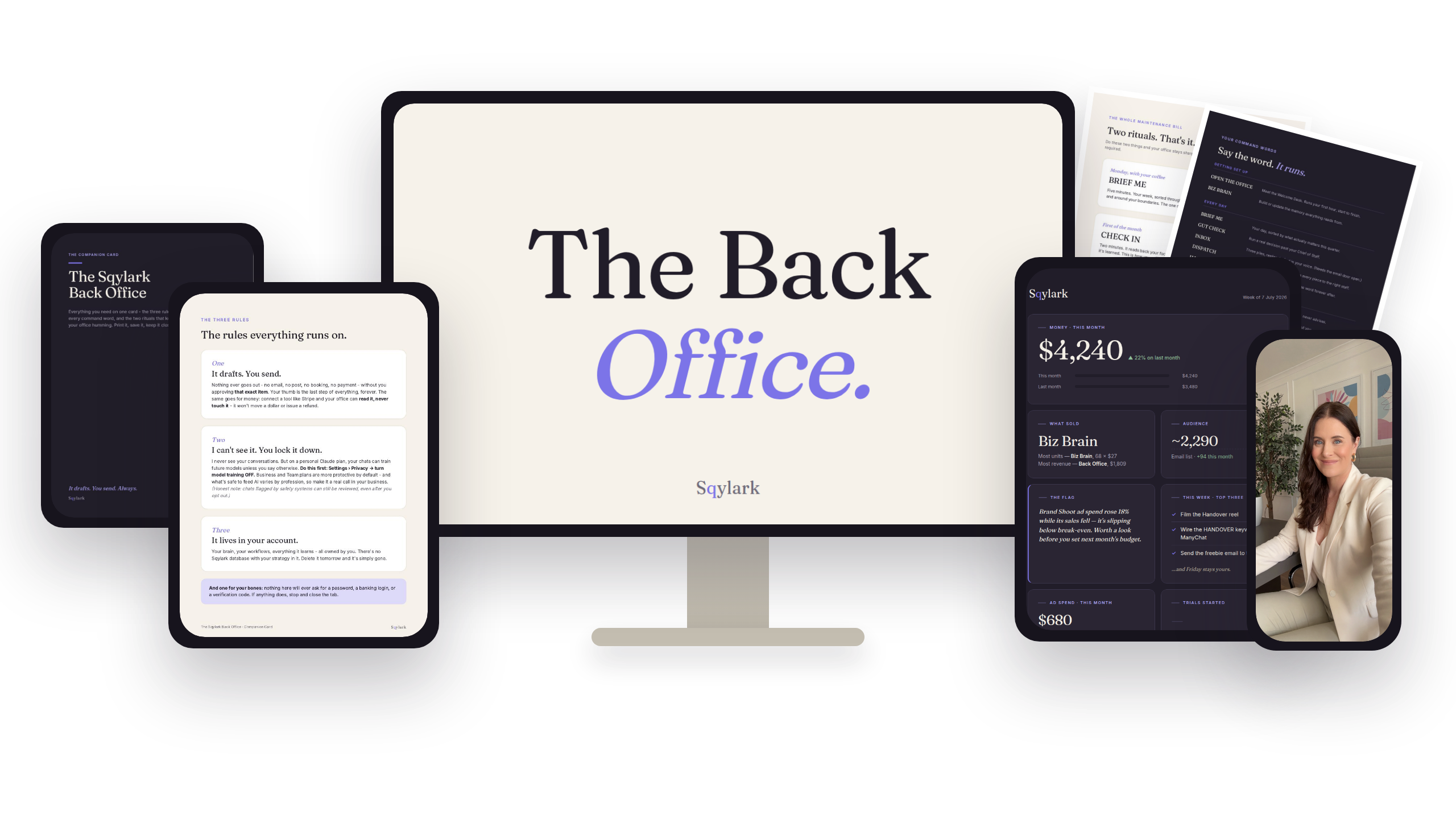 The Back Office - the course, companion card, command words and live dashboard across desktop, tablet and phone