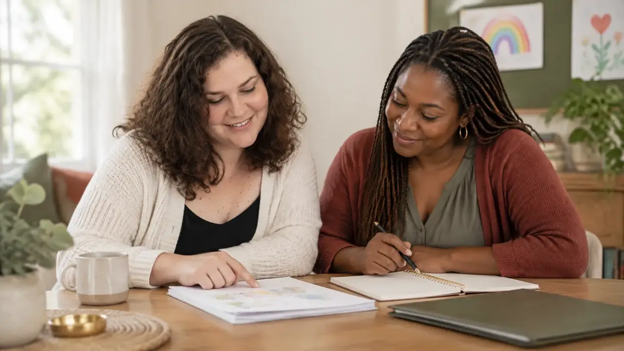 A parent and Taylor sitting together at a table reviewing a child's schoolwork in a warm, collaborative conversation.