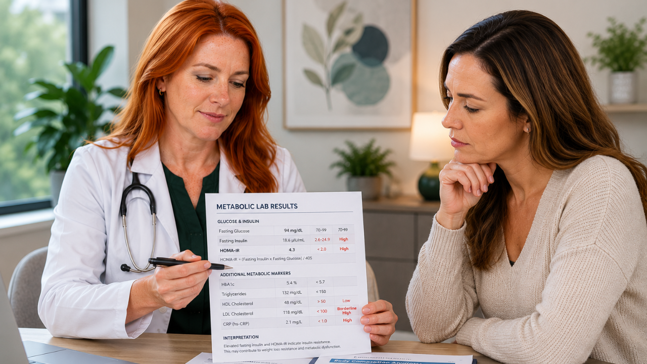 Nurse practitioner reviewing fasting insulin and HOMA-IR results for metabolic patient