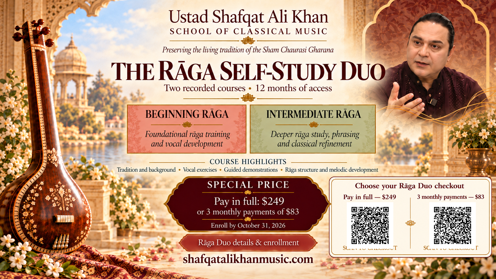 Rāga Self-Study Duo burgundy flyer with checkout QR codes