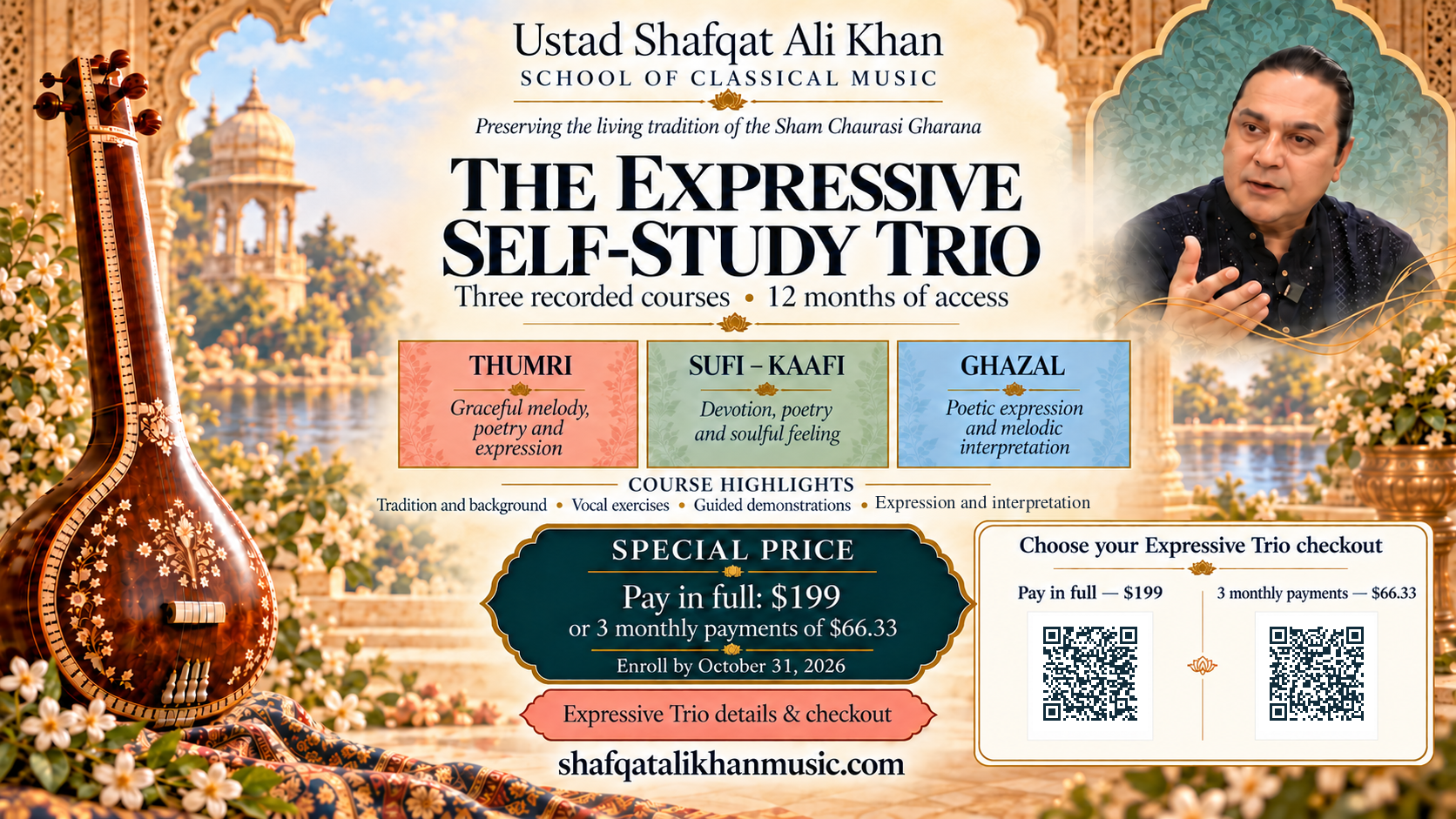 Expressive Self-Study Trio teal flyer with checkout QR codes