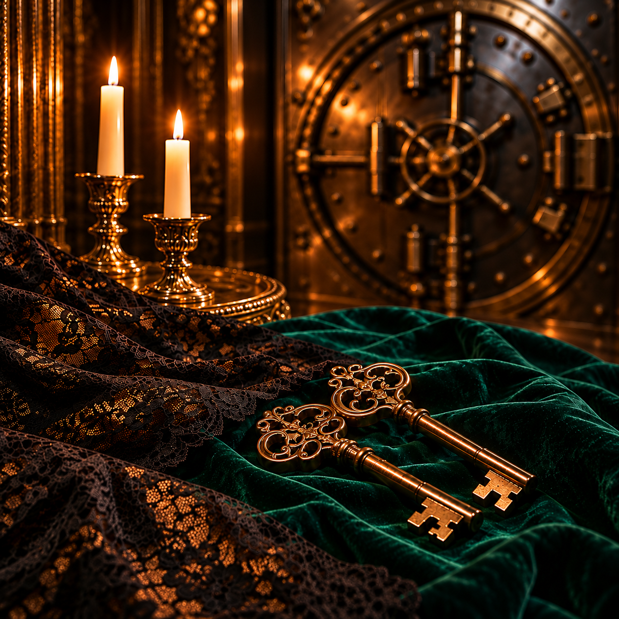 Two candles, ornate brass keys and lace on emerald velvet