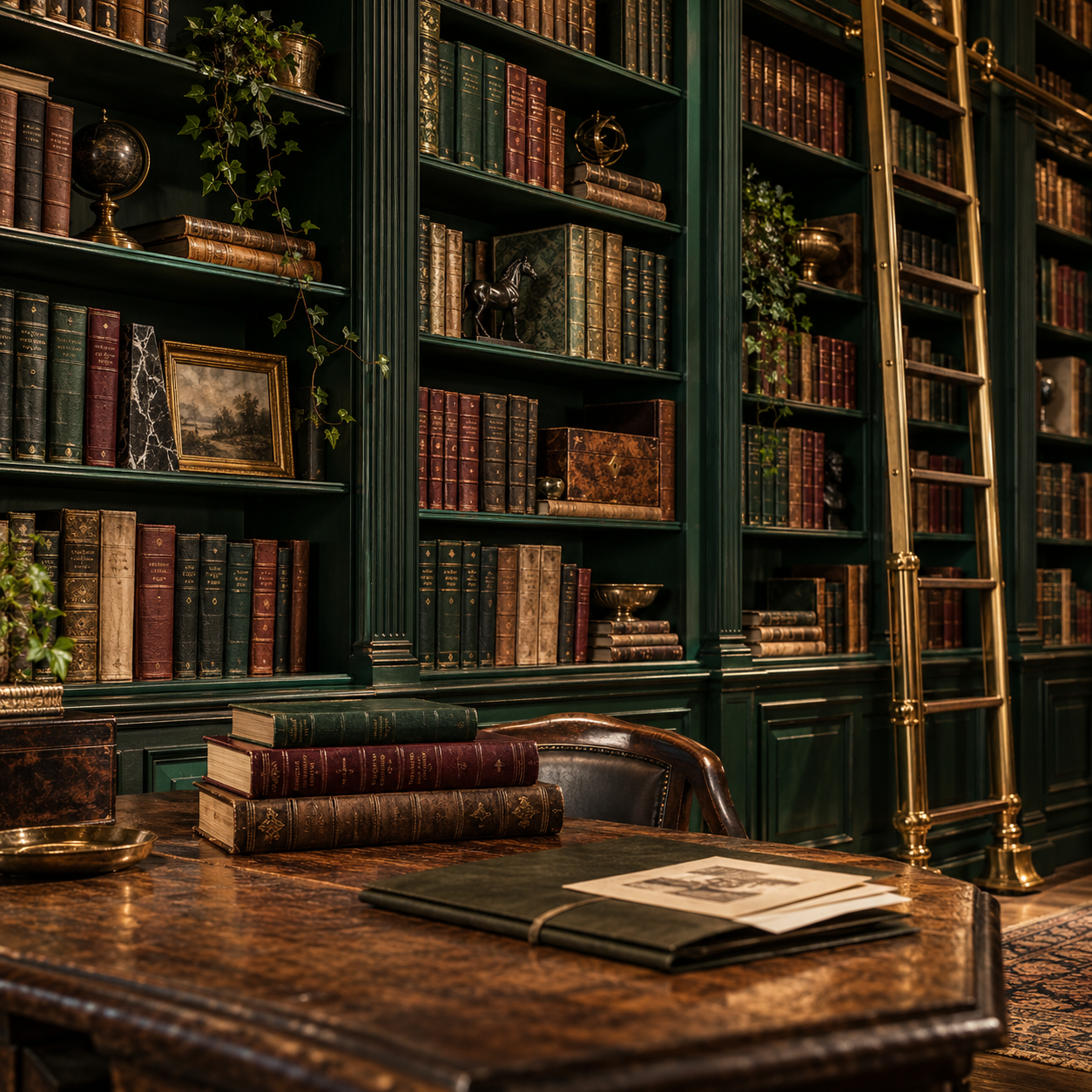 Emerald library shelves with a brass ladder
