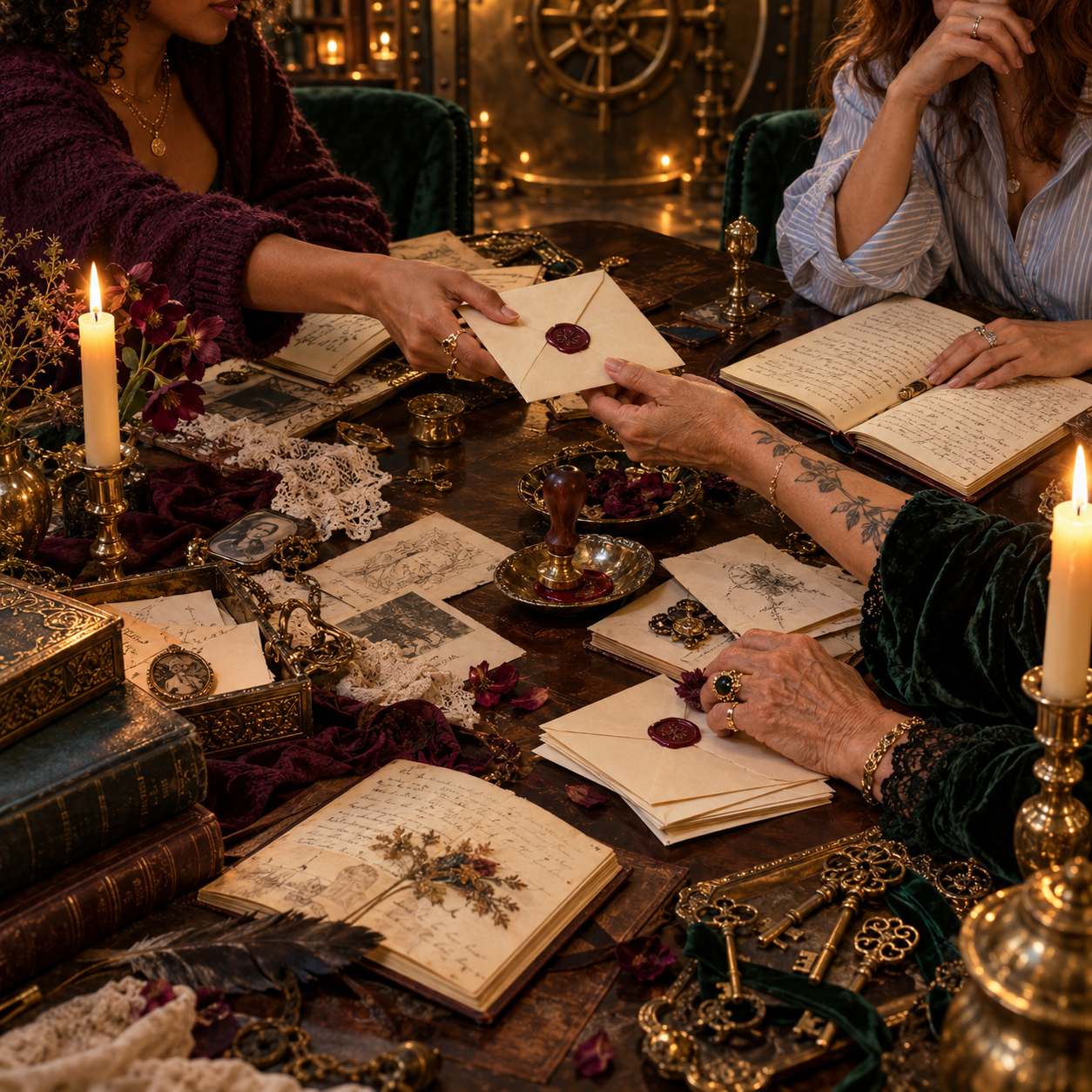 Women sharing wax-sealed letters and journals by candlelight inside The Vault