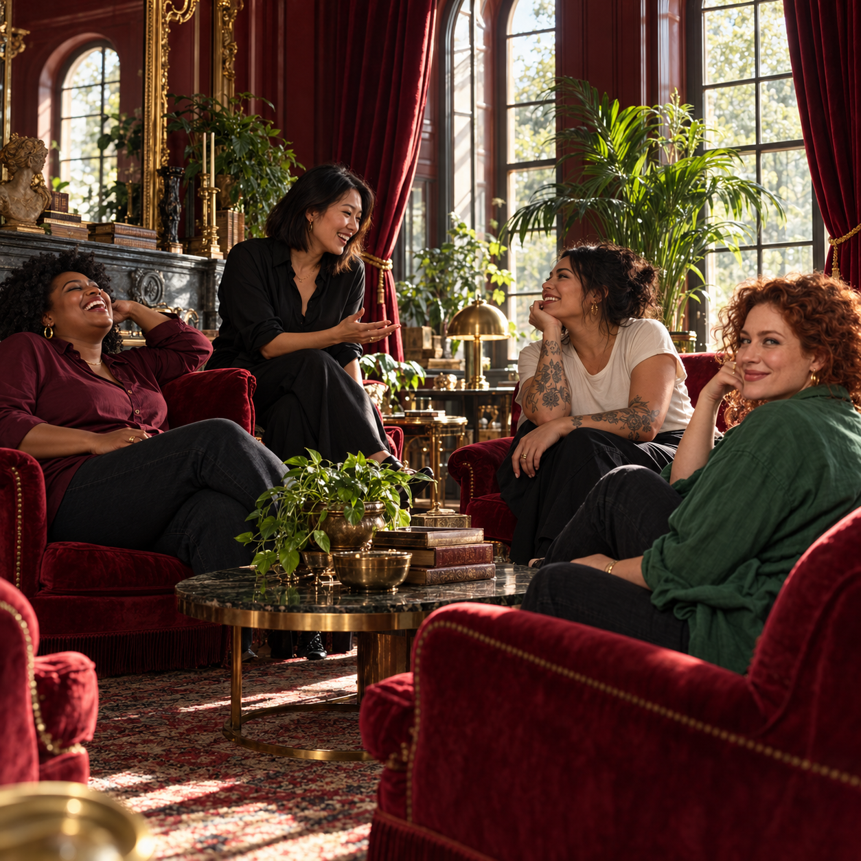 Women gathered together in a burgundy salon