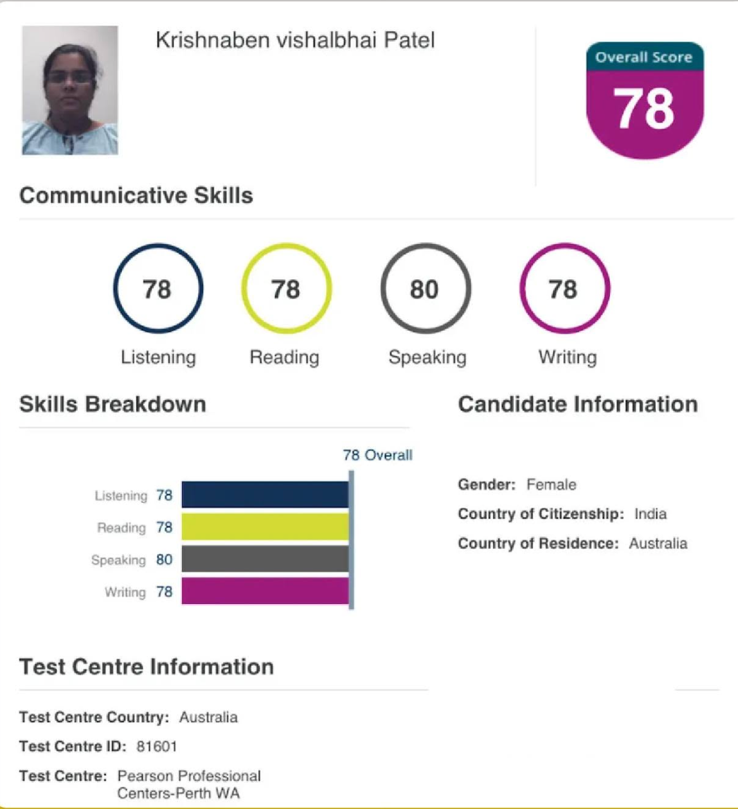 Krishnaben's PTE score report showing 78 overall