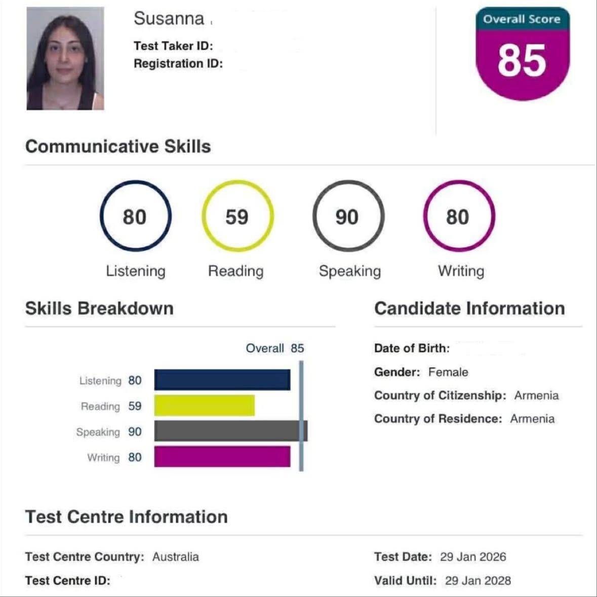 Susanna's PTE score report showing 85 overall