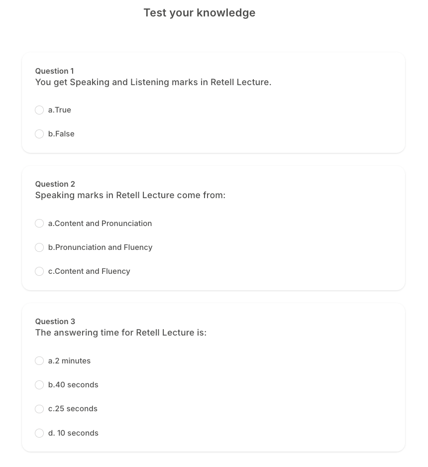 Test Your Knowledge quiz on Retell Lecture