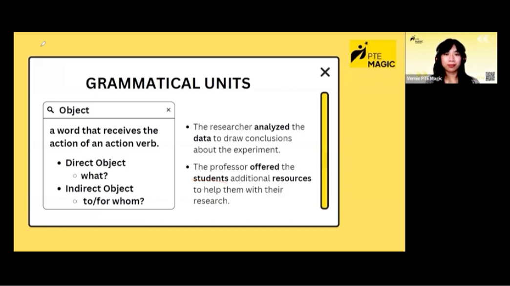 Grammar video lesson slide on grammatical units