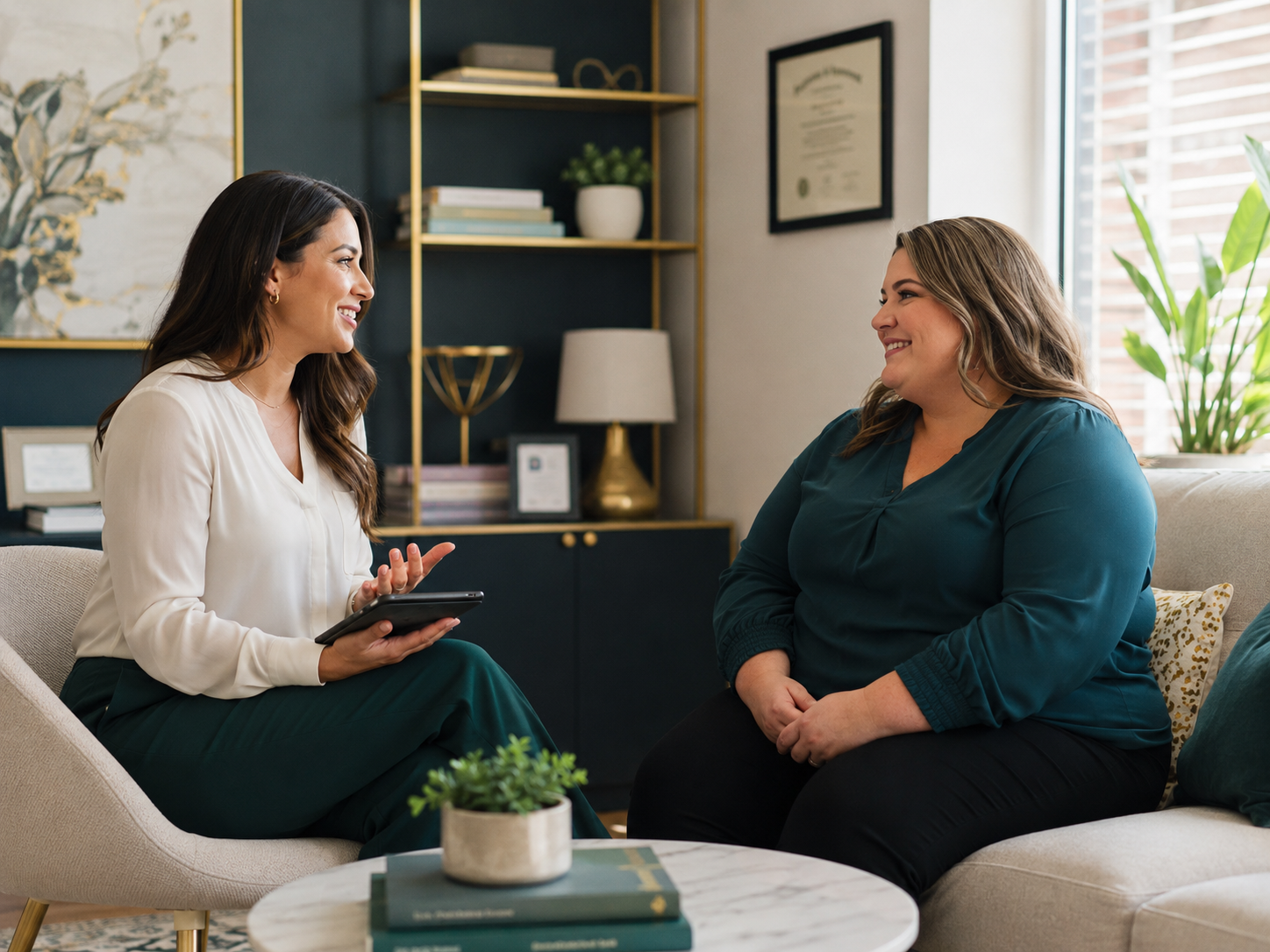 Wellness professional having a supportive consultation with a client about a structured GLP-1 support plan