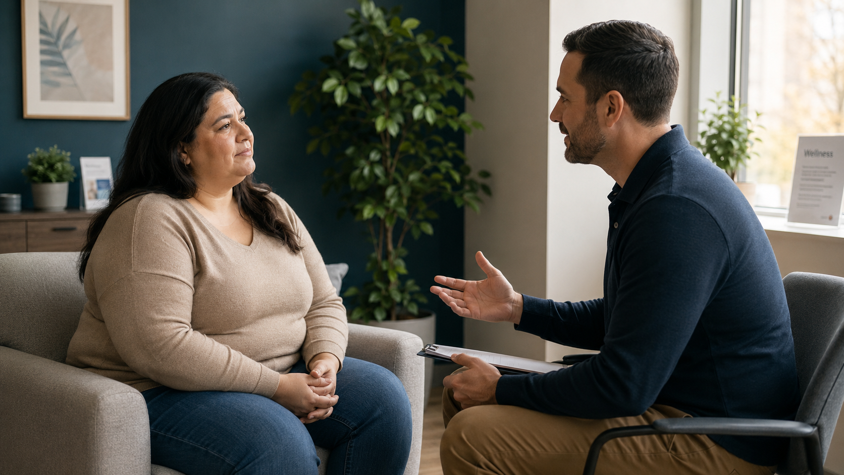 Supportive professional having a confident and empathetic conversation with a client