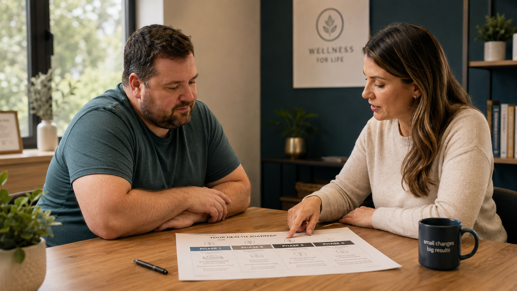 Wellness professional explaining a structured client support framework during a consultation