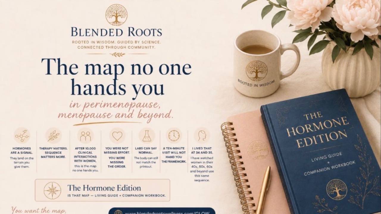 The Hormone Edition guide and workbook on a linen desk — the map no one hands you for perimenopause and menopause