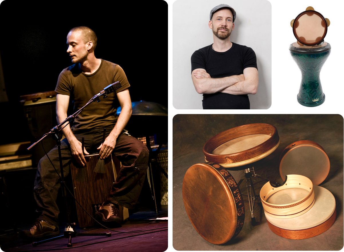David Kuckhermann performing on cajon, a portrait, a darbuka with riq, and a set of frame drums