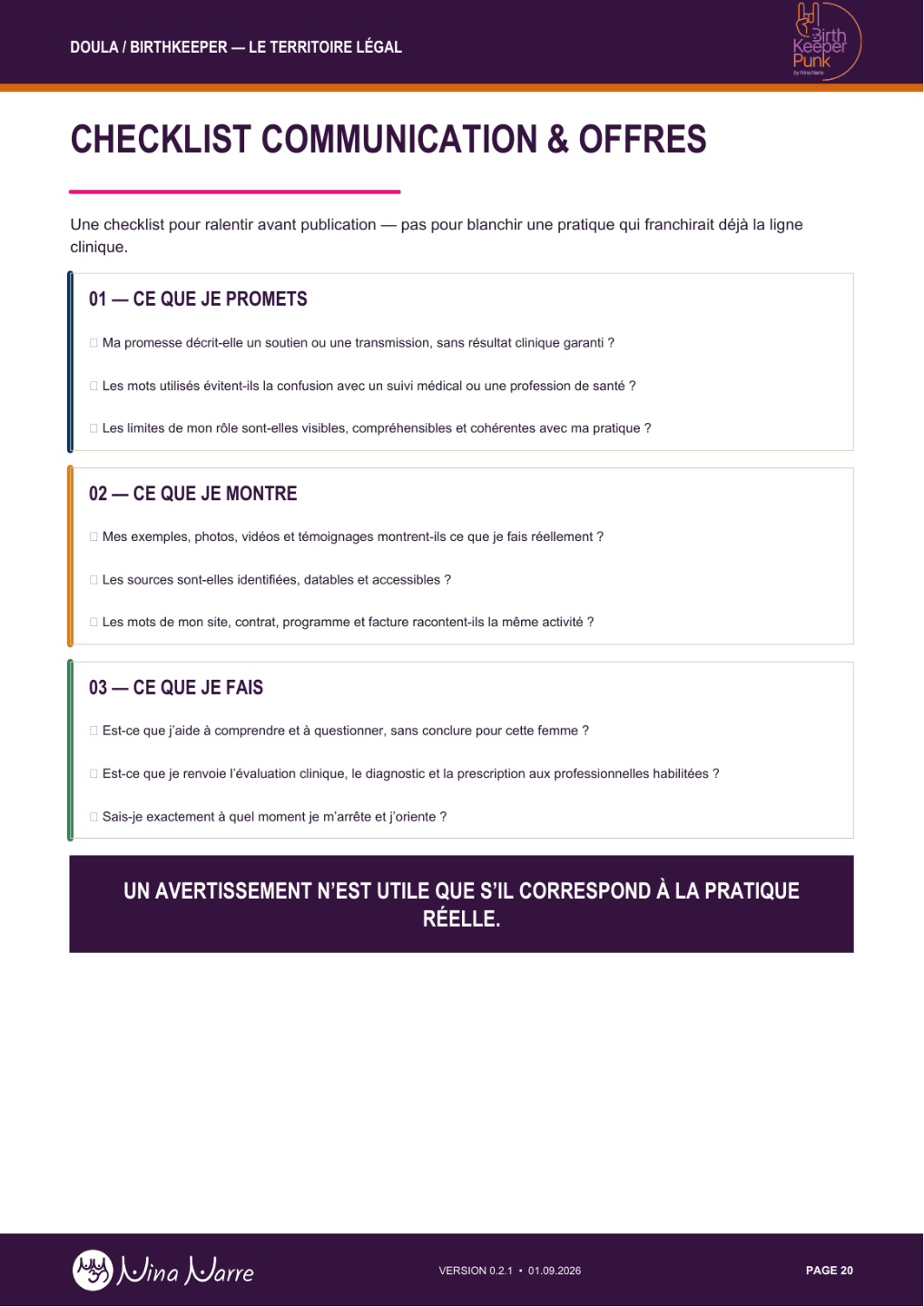 Aperçu de la checklist Communication et offres
