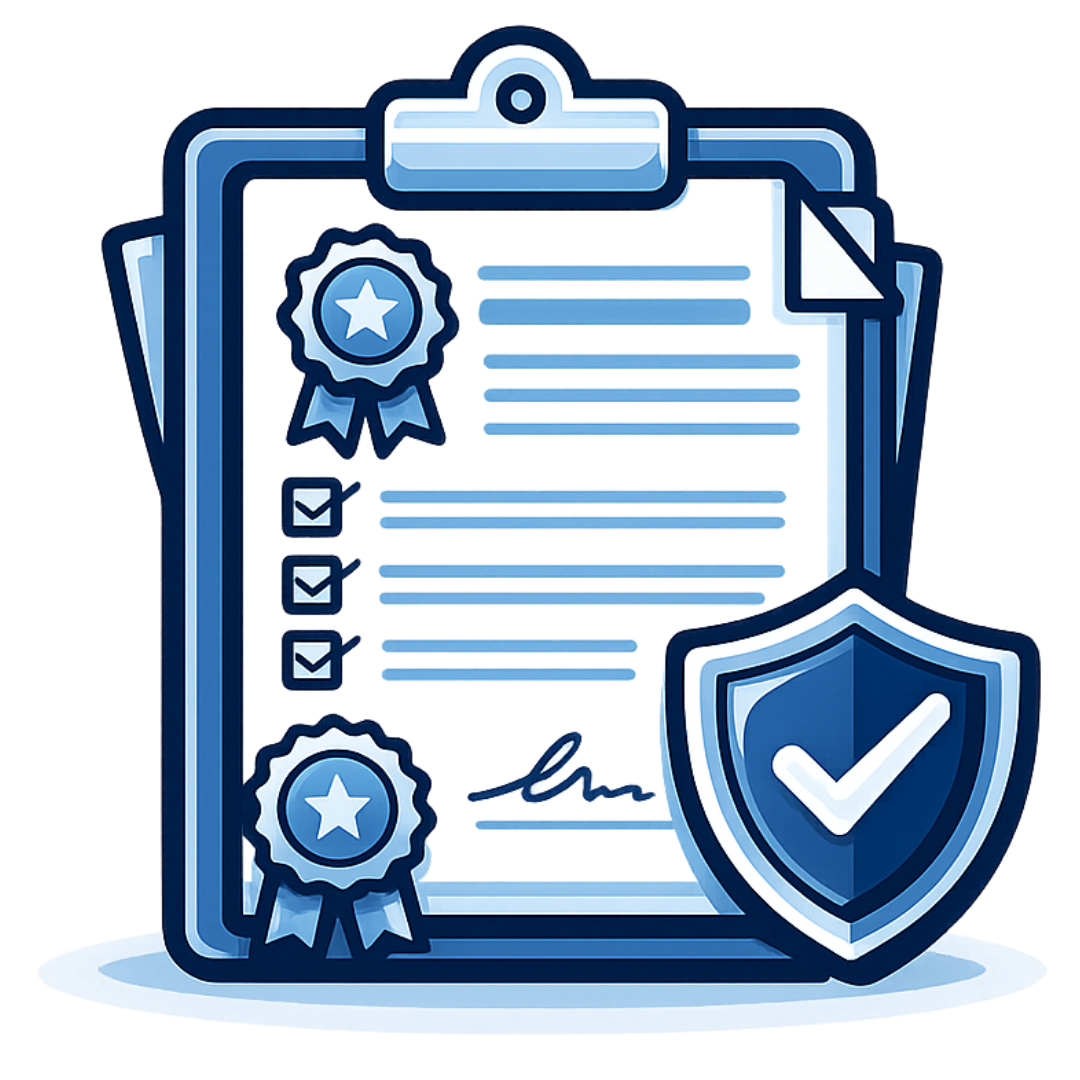 Certificate of Insurance for coaches icon with insurance document, verification seals, and protective shield