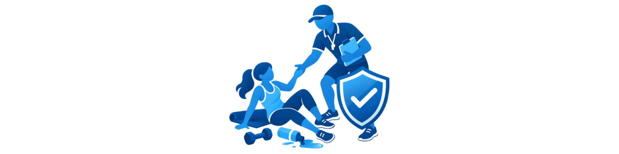 General liability insurance icon showing a sports and fitness coach helping a client after a slip-and-fall accident beside a protective shield.