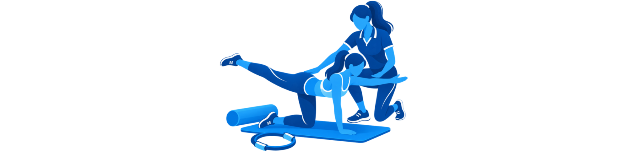 Pilates coaching icon showing a female coach guiding a female participant through a mat exercise with a foam roller and Pilates ring.