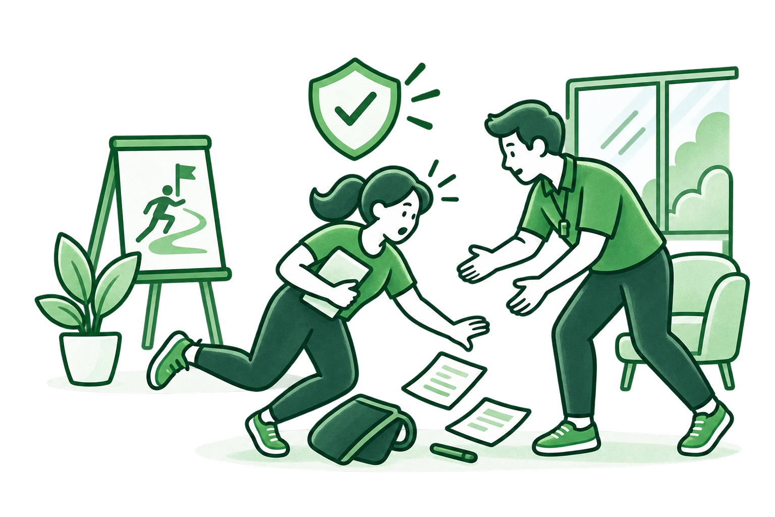Green line-art icon showing a client tripping during a coaching session while a coach reaches out to help, representing general liability insurance for bodily injury and accident claims.